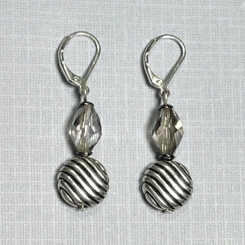 Leverback Drop Earrings Smoky Crystal Bead Dangle Silver Tone Striped Metal Disc